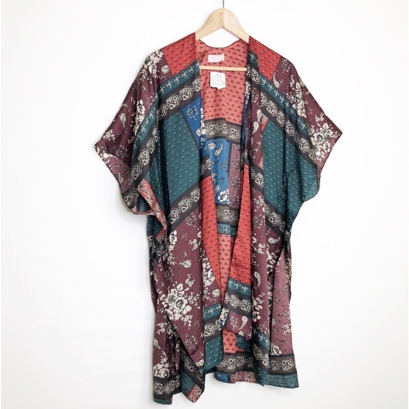 Free People New Mon Cherry boho satin patchwork kimono - Picture 2 of 12